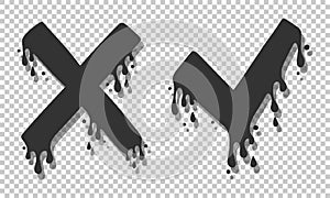 Cross and check marks, X and V icons. No and Yes symbols, vote and decision. Vector image. Cartoon style, liquid dripping