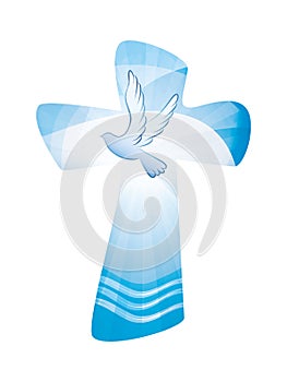 Baptism christian cross whit waves of water and dove on blue background