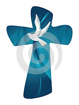 Christian cross. Abstract Holy Spirit with dove on blue background