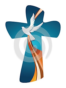 Holy Spirit symbol. Christian cross with dove on blue background photo