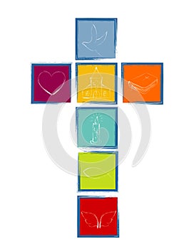 Cross with Christian symbols. Cross formed by colored squares with blue frame. Religious sign