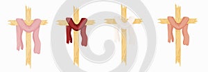 Cross Clipart, Vector Christian wooden cross With Red, pink, coral and white Cloth, Baptism Cross clip art set, Wedding invites,