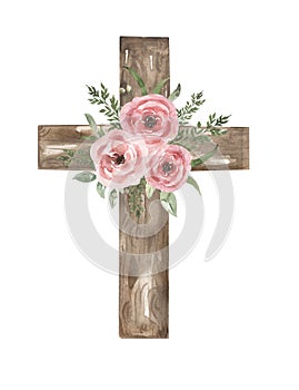 Cross Clipart, Watercolor Christian wooden cross With florals bouquet, Baptism Cross clip art set, Wedding invites, Holy Spirit,