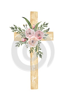 Cross Clipart, Watercolor Christian wooden cross With florals bouquet, Baptism Cross clip art set, Wedding invites, Holy Spirit,