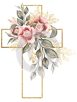 Cross Clipart, Watercolor golden frame cross With pink peony flowers and greenery bouquet, Baptism Cross clip art, Wedding invites