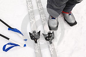 Cross-country ski and boots of boy