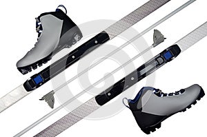 Cross-country ski equipment: ski, ski poles and shoes. Isolated on white with clipping path
