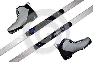 Cross-country ski equipment: ski, ski poles and shoes. Isolated on white with clipping path