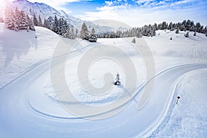 Cross-country ski piste path in the mountain view