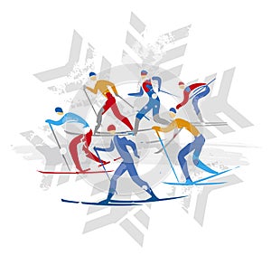 Cross Country Ski Racers on snowflake symbol background.