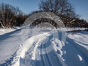 A cross-country ski track forms curved trail that disappears into the distance. The parallel lines of the groomed path, deeply