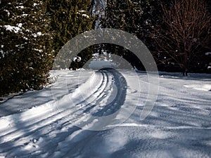 A cross-country ski track forms curved trail that disappears into the distance. The parallel lines of the groomed path, deeply