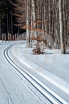 Cross-country ski tracks ruts and shoveling