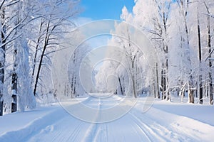 cross-country ski trails curving amongst snow draped trees