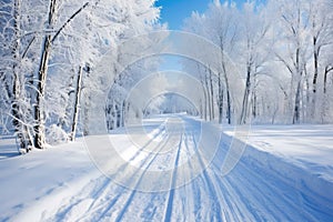 cross-country ski trails curving amongst snow draped trees