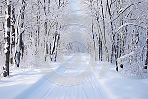 cross-country ski trails curving amongst snow draped trees