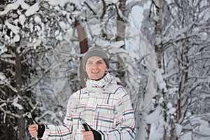 Cross-country skier in a forest