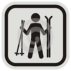 Skier with ski and ski poles, black icon, frame, eps.