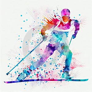 Cross-country skiing. ai generated. Watercolor illustration of a cross-country skier