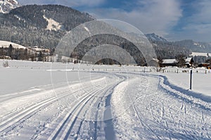 Cross-country skiing in Austria: Slope, fresh white powder snow and mountains