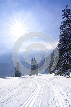 Cross Country skiing with blue sky in the austrian mountains