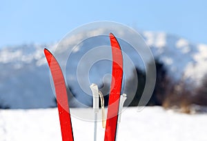 Cross country skiing in the mountains with snow