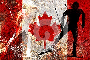 Cross country skiing silhouette on a Canada flag on the rusty metal background