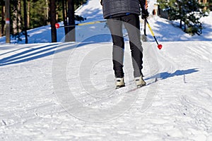Cross-country skiing in sunny winter day. cross country skiing, close-up.