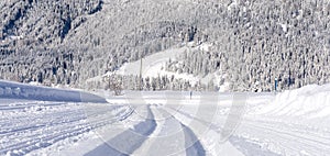 Cross-country skiing track close up, selective focus. Winter in Ehrwald Valley, Tirol, Austria