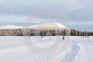 Cross-country skiing track in the mountain scenery photo
