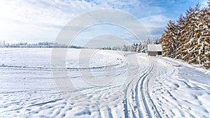 Cross country skiing track on sunny day