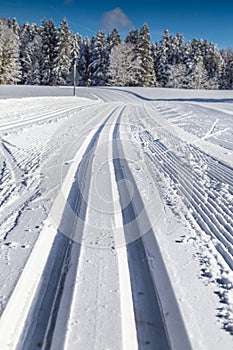 Cross-country skiing track in winter landscape