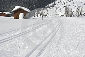Cross country skiing tracks in winter landscape