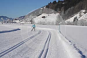 Cross country skiing trail in resort Studen, canton Schwyz.