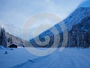 Cross-country skiing in winter, Spielmannsau valley, Oberstdorf, Allgau, Germany