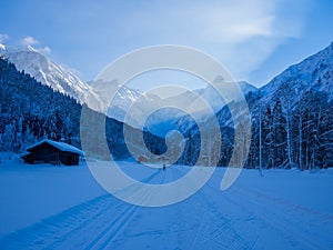 Cross-country skiing in winter, Spielmannsau valley, Oberstdorf, Allgau, Germany photo