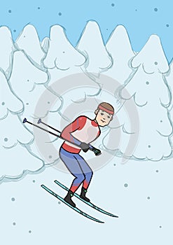 Cross country skiing, winter sport. Young man with skiing in snow covered forest. Vector illustration.