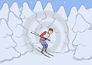 Cross country skiing, winter sport. Young man with skiing in snow covered forest. Vector illustration.