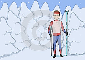 Cross country skiing, winter sport. Young man with skis standing in snow covered forest. Vector illustration.