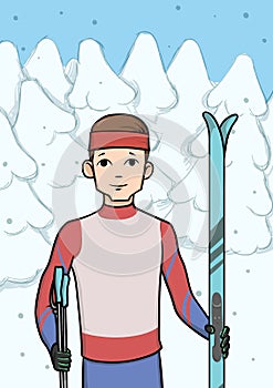 Cross country skiing, winter sport. Young man with skis standing in snow covered forest. Vector illustration.