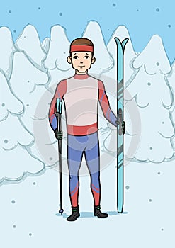 Cross country skiing, winter sport. Young man with skis standing in snow covered forest. Vector illustration.