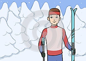 Cross country skiing, winter sport. Young man with skis standing in snow covered forest. Vector illustration.