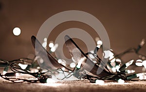 Cross country skis closeup with Christmas lights on plain background