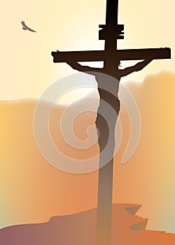 Cross with crucified Jesus Christ in the sunset