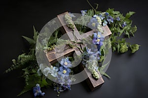 Cross decorated with purple flowers and fern. Generate ai