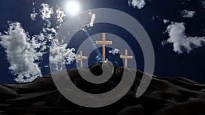 Cross easter crosses on the hill in the night in black background christians christianity elevation crucifiction - 3d rendering