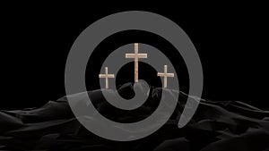 Cross easter crosses on the hill in the night in black background christians christianity elevation crucifiction - 3d rendering photo