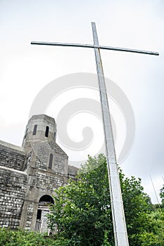 The cross is erected on the mountain in Georgia summer Kvariati Sarpi border with Turkey the errection