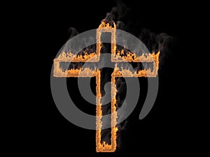 Cross in fire with fume. 3d render. Graphic illustration