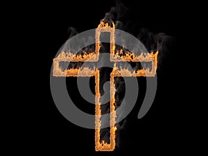 Cross in fire with fume. 3d render. Graphic illustration photo